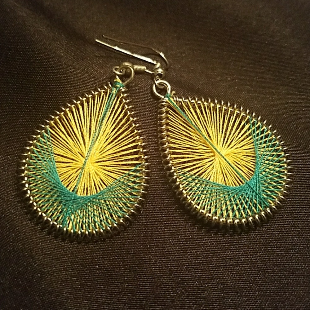 Yellow & teal green boho earrings teardrop - Picture 2 of 3